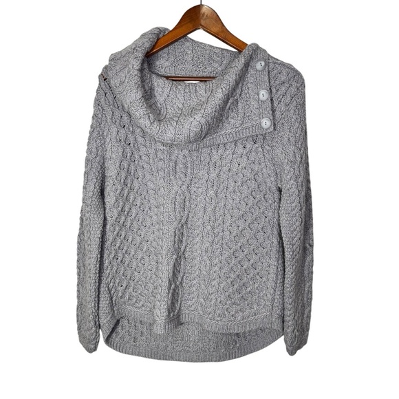 Aran Mor Cowl Button Neck Merino Wool Cable Knit Grey Sweater Size Medium NWT - Picture 1 of 9